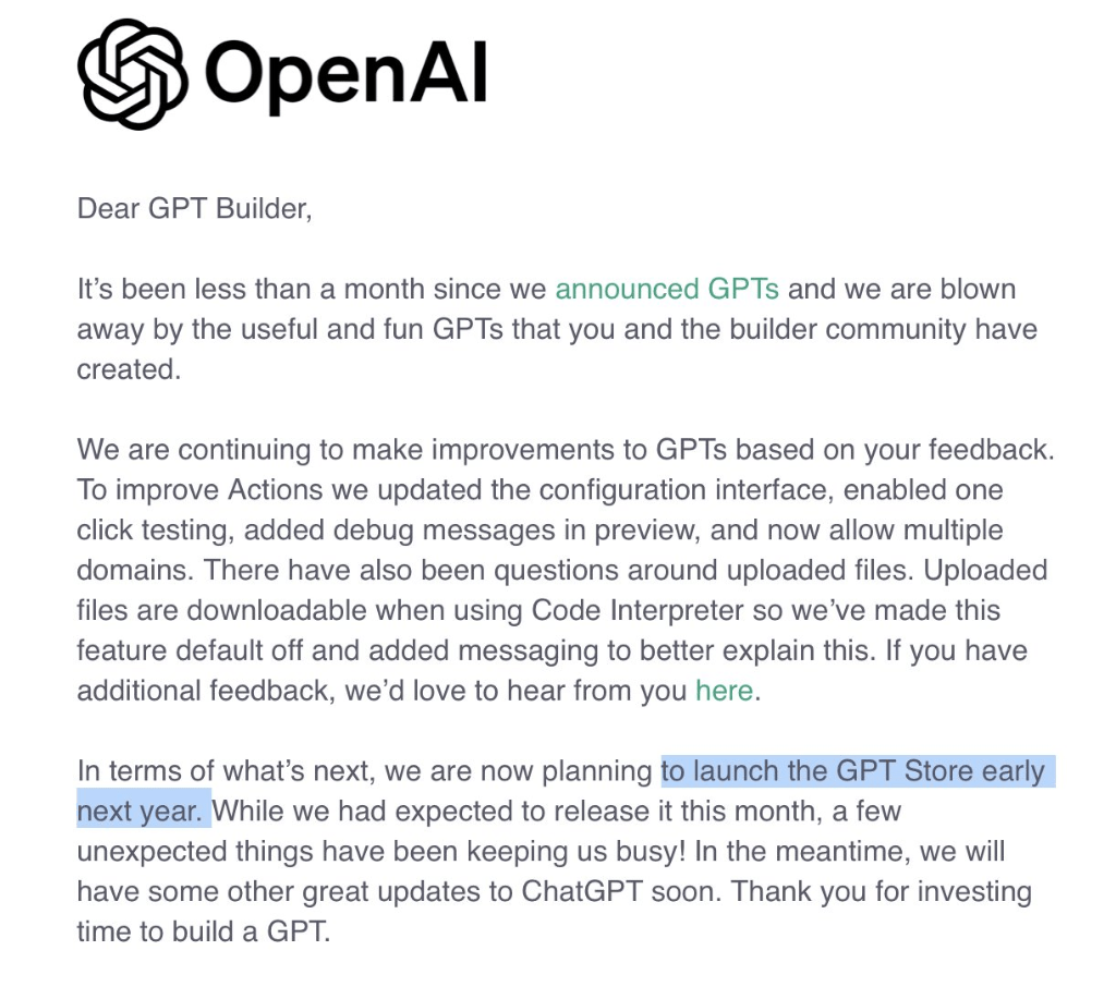 《GPT商店延迟至2024年初：OpenAI的更新动态》